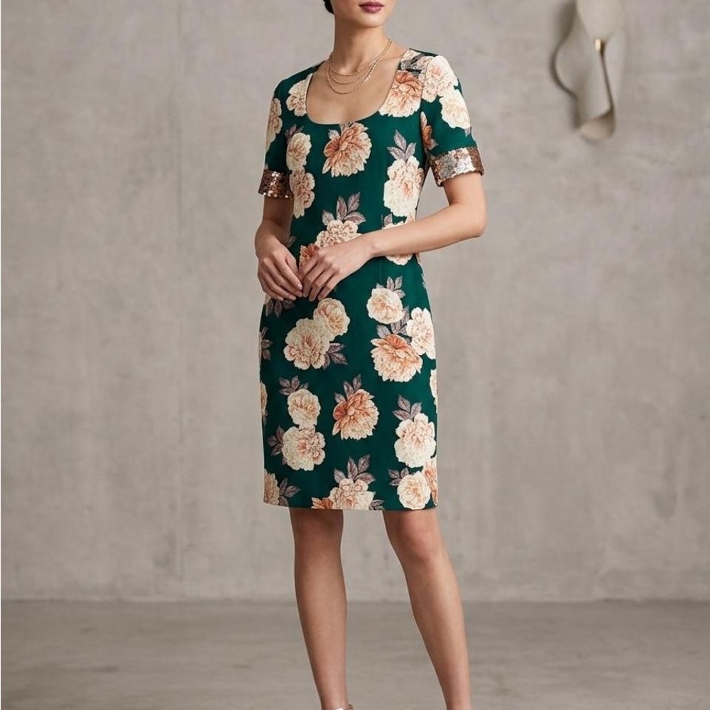 Sachin + Babi Emerald Green Floral Scoop-Neck Sheath Dress